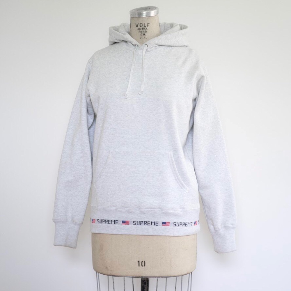 Supreme Ash Grey Logo Hoodie American Flag RibAW15